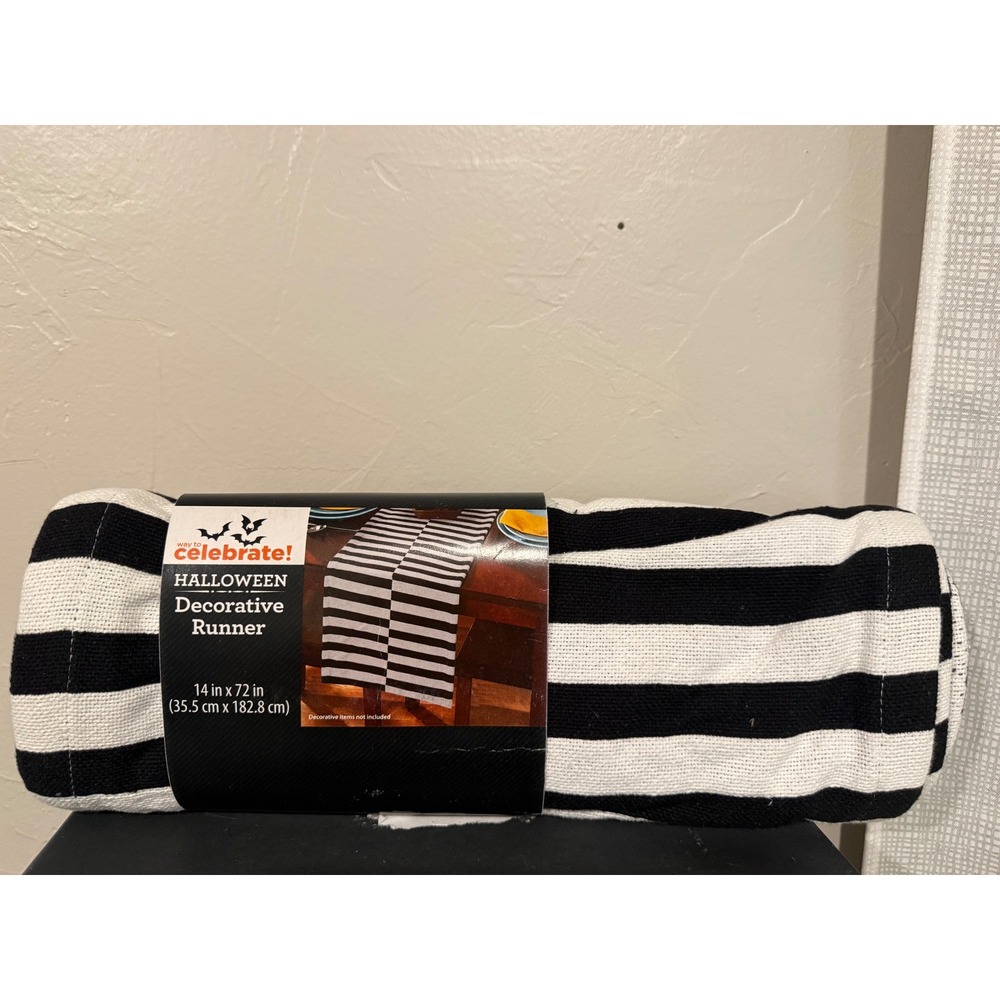 Way to Celebrate Table Runner Women 14x72 Black White NEW Halloween Striped